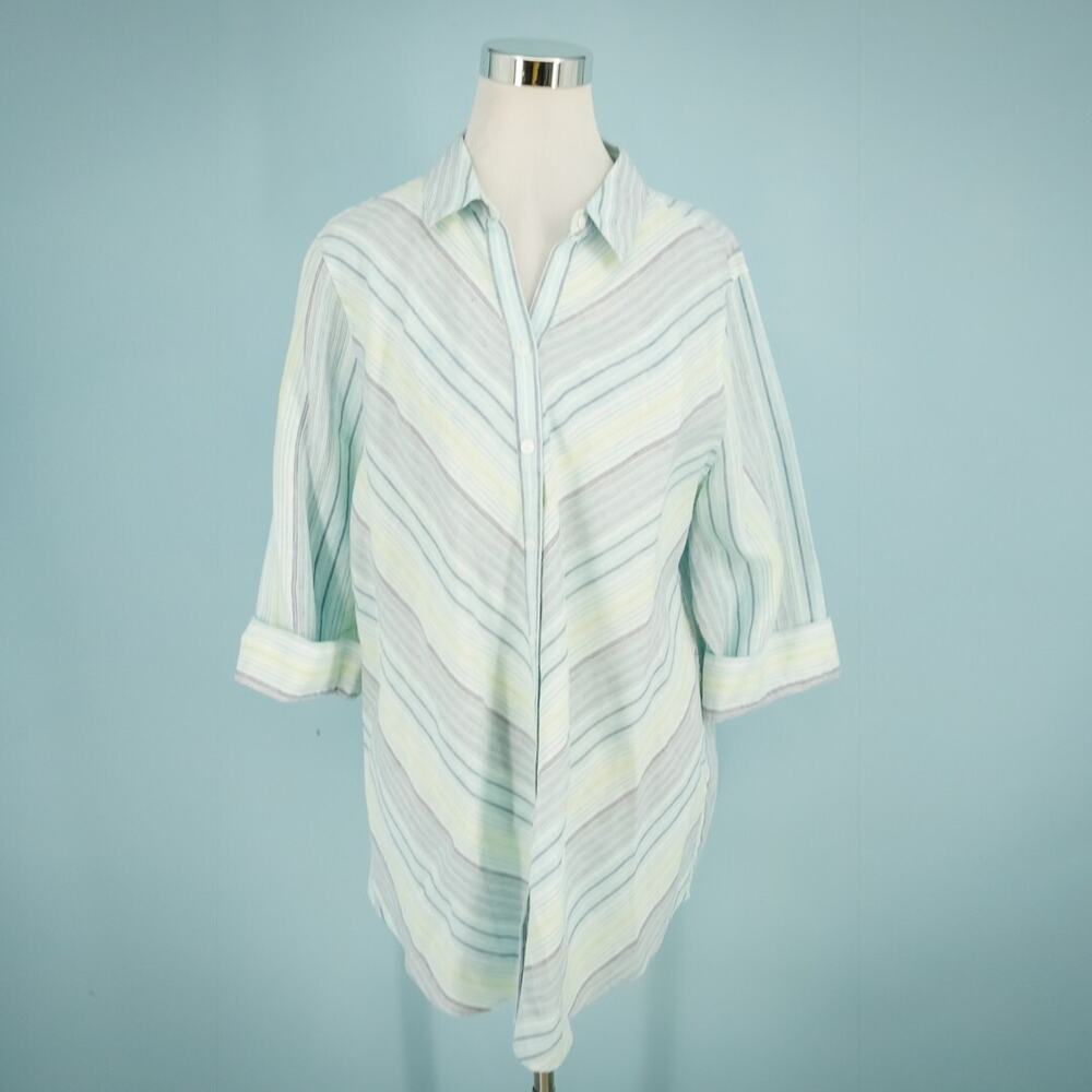 Chico's 3 Size XL Blue Stripe Print Button Tab Sleeve No Iron Linen Tunic Top